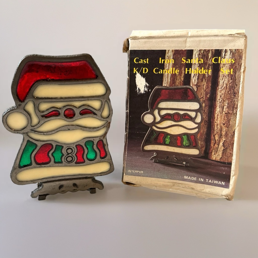 Vintage Interpur Cast Iron Stained Glass Christmas Santa Claus Candle Holder